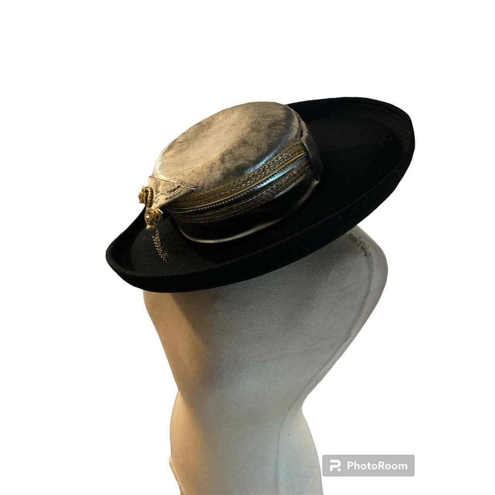 RARE! Sonni of San Francisco BlackGOLD Wool Derby Hat Vintage 1980s Wide Brim